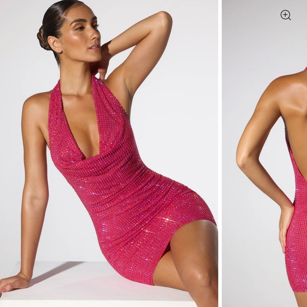 Oh Polly Raquel Embellished Extreme Cowl Neck Halter Mini Dress